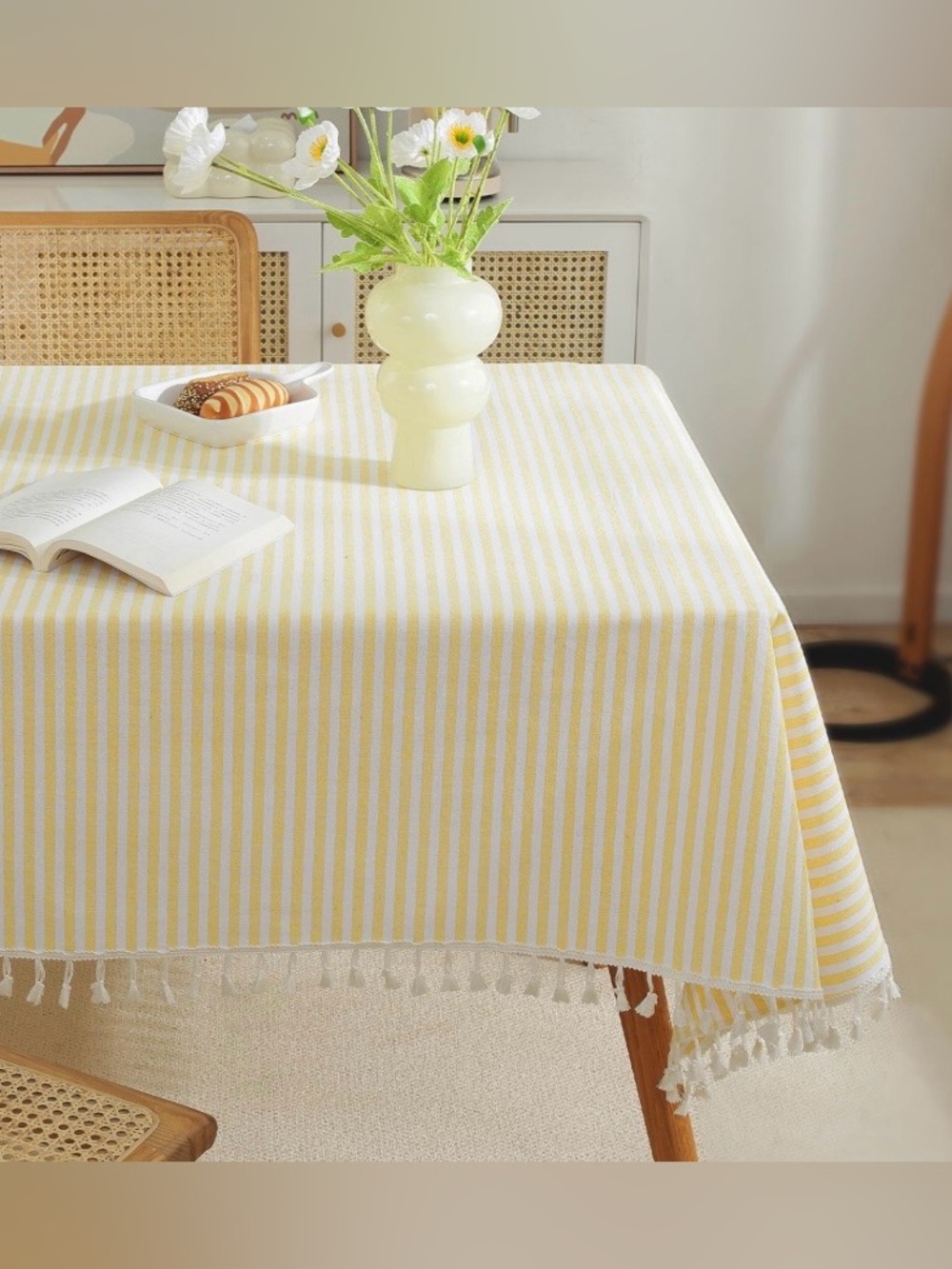 Striped Tablecloth with Tassel Trim Cotton Blend Rectangular 55x70” YELLOW WHITE